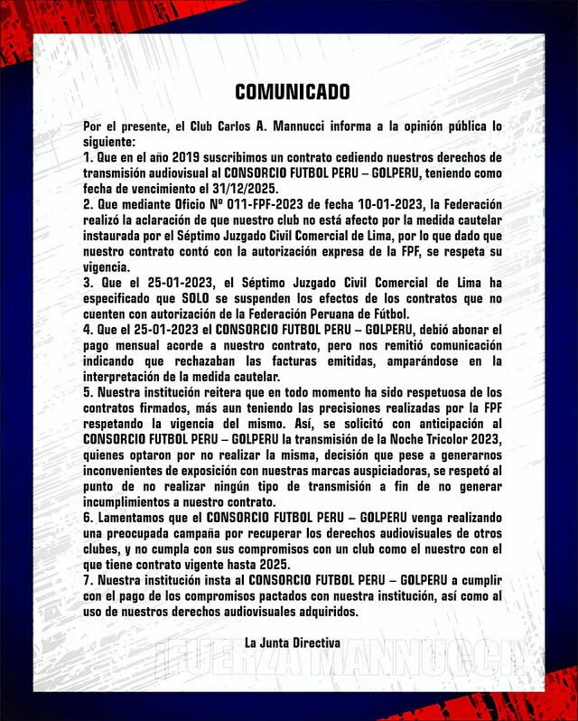 Comunicado de Carlos A. Mannucci. Foto: club carlista   