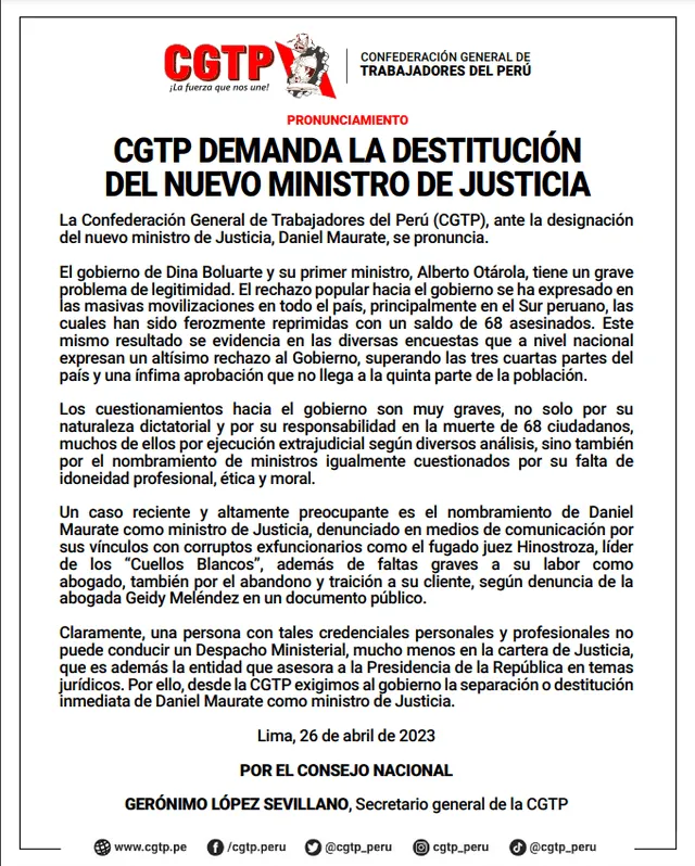  CGTP expresa su rechazo por el titular de Justicia, Daniel Maurate. Foto: Comunicado CGTP 