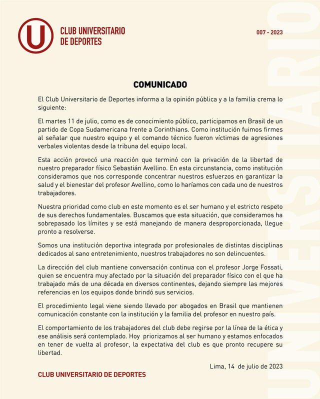 Comunicado de Universitario sobre Sebastián Avellino. Foto: Universitario   