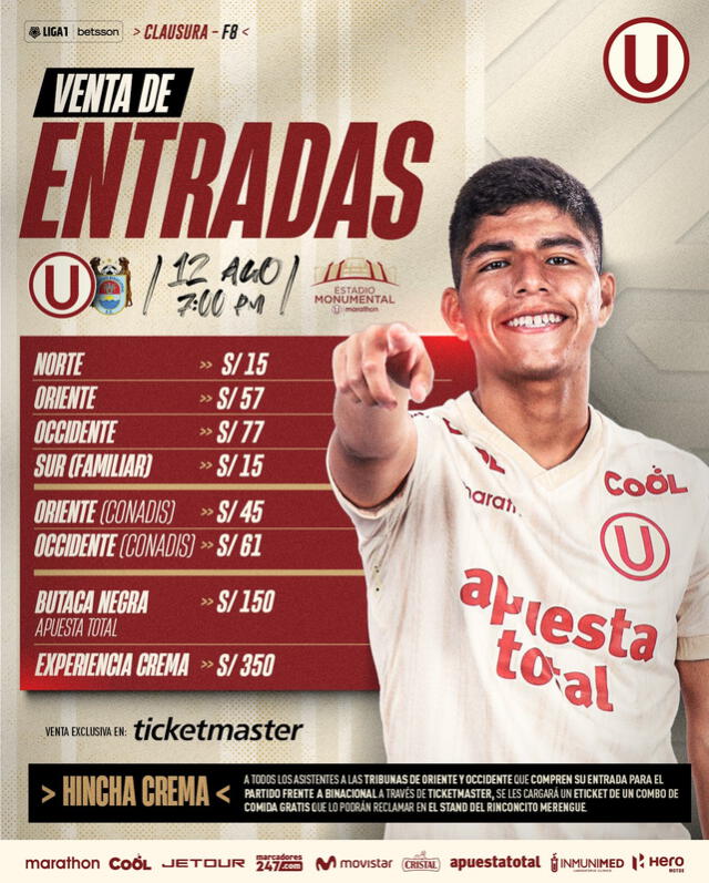 Costo de tickets para el Universitario vs. Binacional. <strong>Foto: Universitario</strong> 