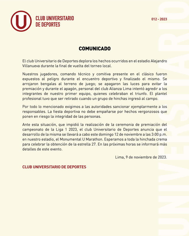  Comunicado de Universitario sobre los incidentes en Matute. Foto: Universitario   