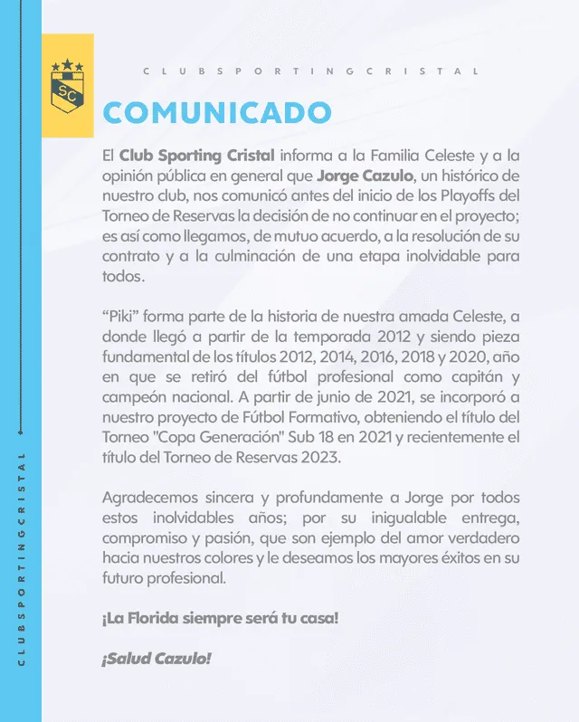  Comunicado sobre el fin del ciclo de Jorge Cazulo. Foto: Sporting Cristal.   