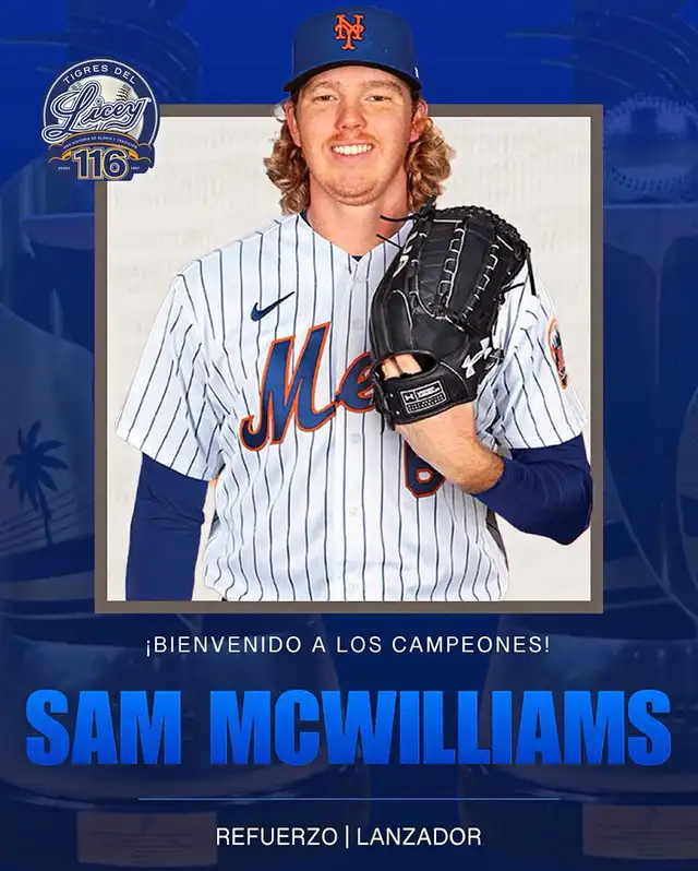 Sam McWilliams, es el nuevo jugador de Tigres del Licey. El norteamericano ha logrado ganar 34 juegos en las menores con 488 ponches y 224 bases por bolas. Foto: Tigres del Licey/X   