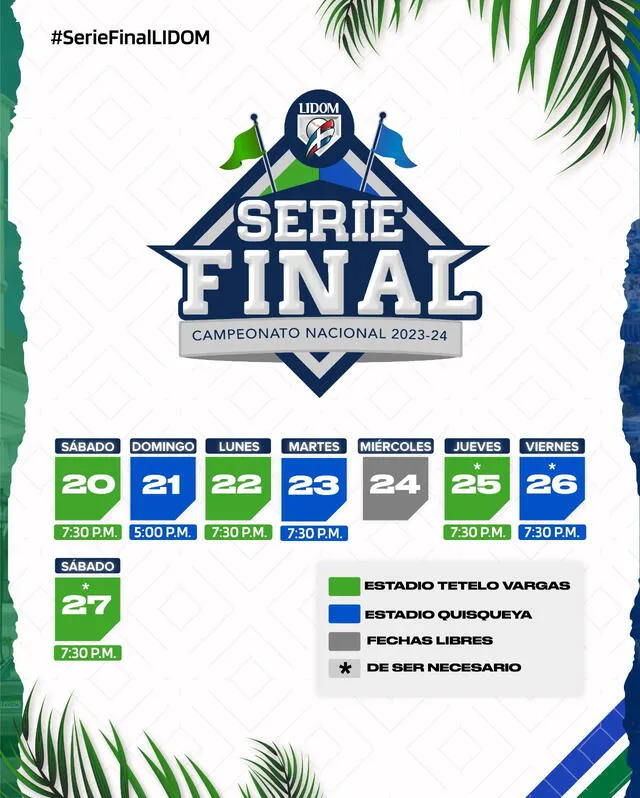 Este es el cronograma en el que se desarrollarán los juegos entre Licey y Estrellas por la Serie Final. Foto: LIDOM/X   