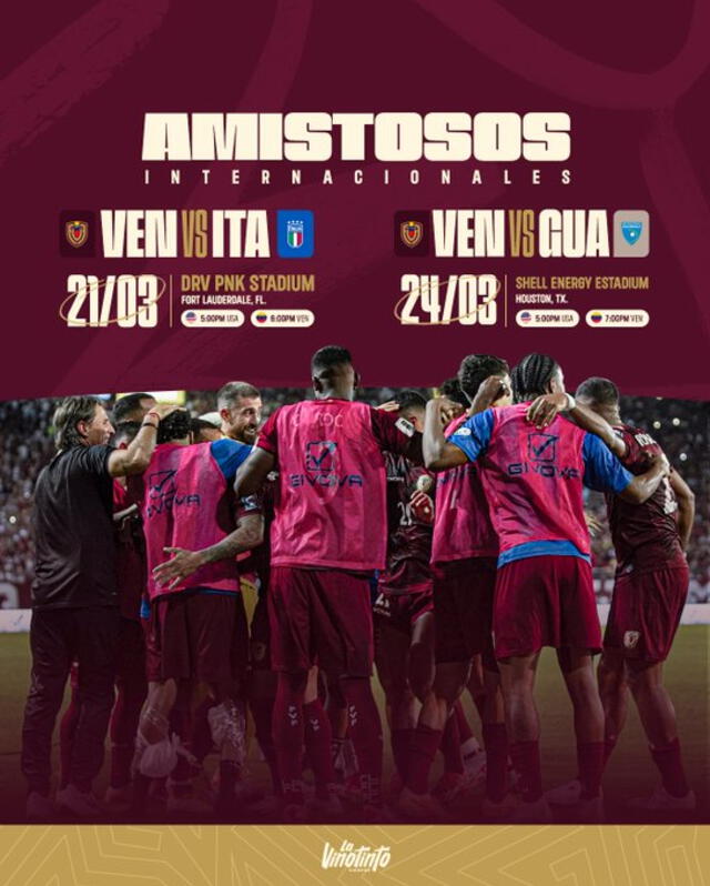 Venezuela disputará dos amistosos internacionales ante Italia y Guatemala, respectivamente, en marzo. Foto: Vinotinto/X   