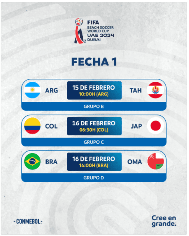 Así se jugará la fecha 1 en el Mundial de Fútbol Playa 2024. Foto: Conmebol/Instagram   