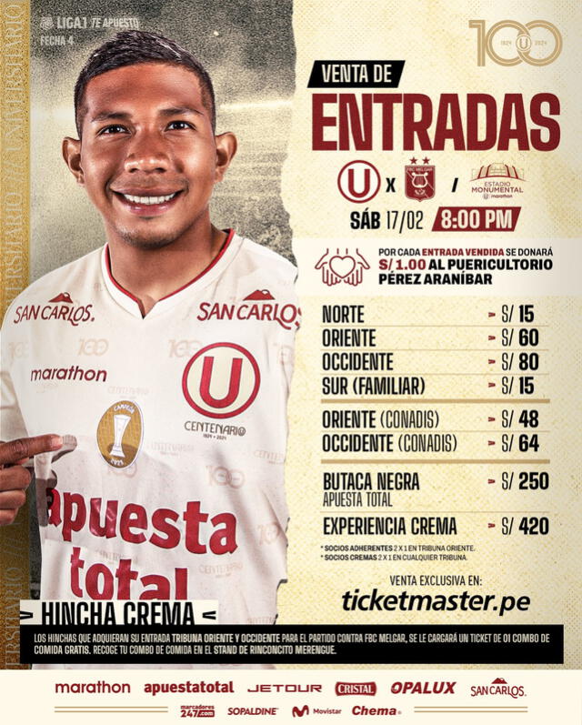 Precio de entradas. Foto: Universitario   