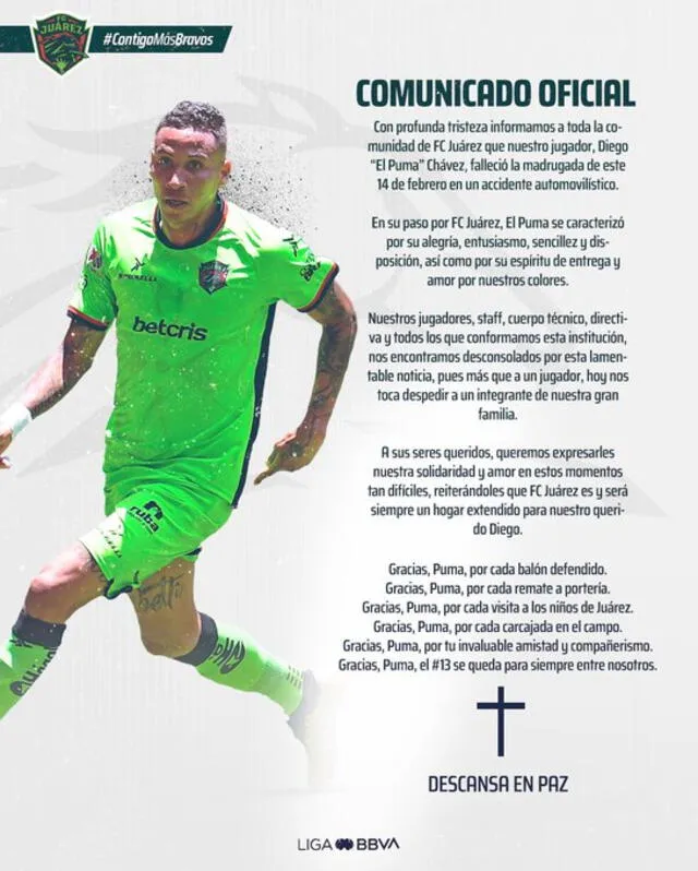 Juárez FC emitió comunicado luego del fallecimiento de Diego 'Puma' Chávez. Foto: fcjuarezoficial/X   