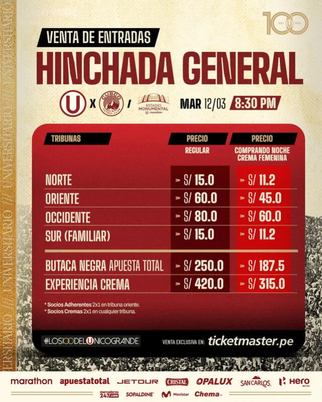 Precios de entradas Universitario vs. Cusco FC. Foto: Universitario.   