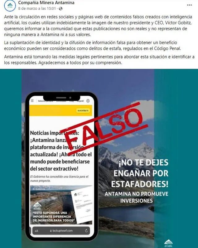  Antamina calificó como falsa esa nota que usa indebidamente el logo de El Comercio. Foto: captura en Facebook / Antamina.&nbsp;<br><br>    