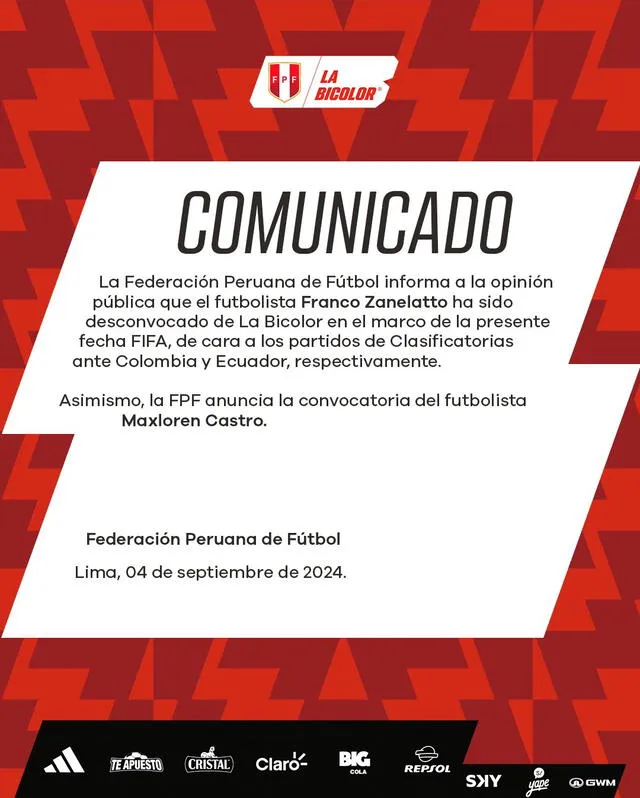 Comunicado de la selección peruana. Foto: X/FPF.   