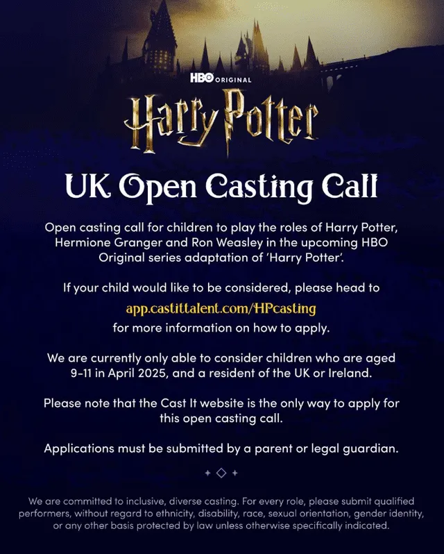  En redes sociales, la producción de la nueva adaptación de Harry Potter anunció el casting abierto. Foto: Instagram    