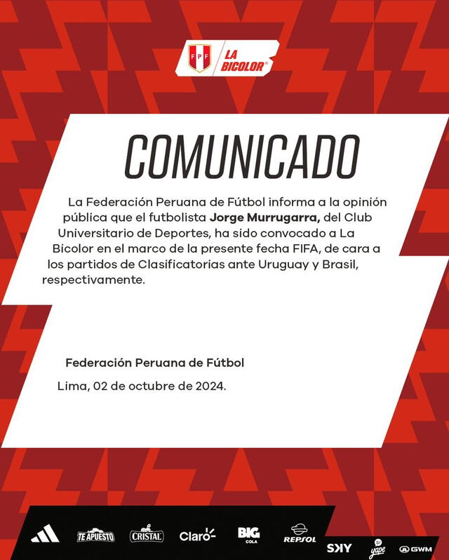 Publicación de la selección peruana sobre la convocatoria de Jorge Murrugarra. Foto: La Bicolor   