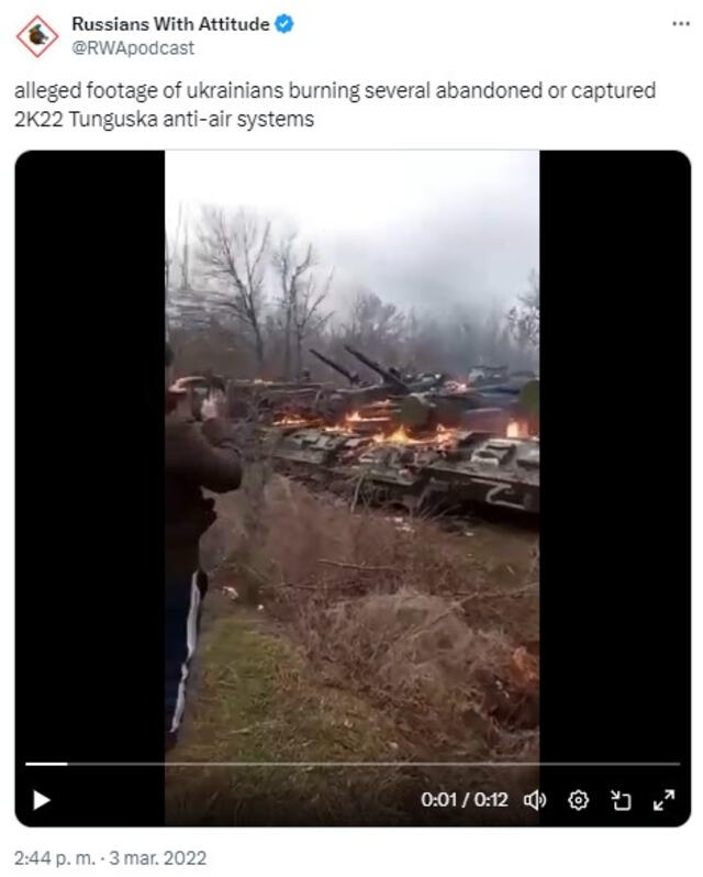  Video relacionado con la guerra ruso-ucraniana fue difundido el 3 de marzo de 2022. Foto: captura en X / Russians With Attitude.   