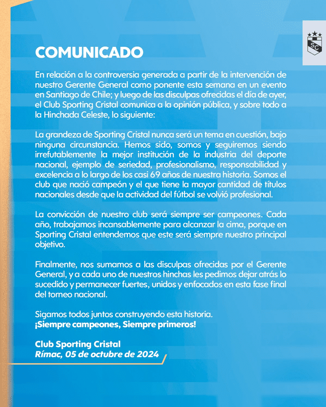 Comunicado de Sporting Cristal sobre afirmaciones de su CEO, Daniel Graña. Foto: Sporting Cristal/X   