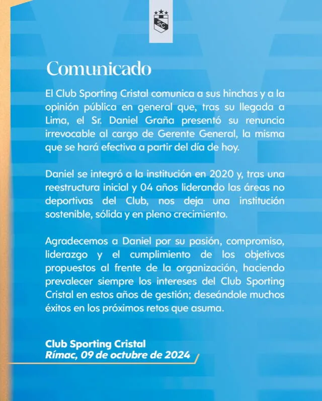 Comunicado de Sporting Cristal. Foto: Sporting Cristal/X   