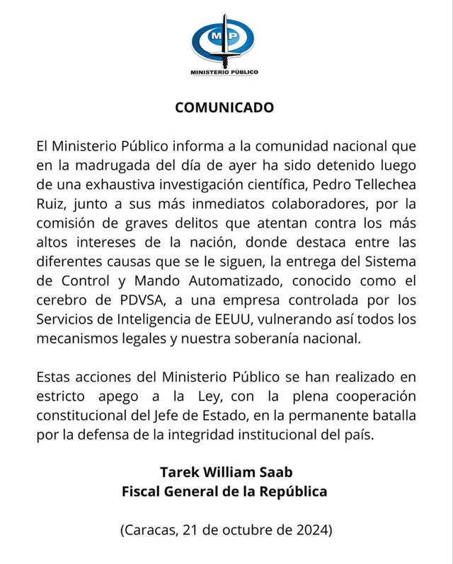 William Saab anuncia la captura de Tellechea y lo acusa atentar contra la soberanía nacional. Foto: Ministerio Público de Venezuela/ Instagram