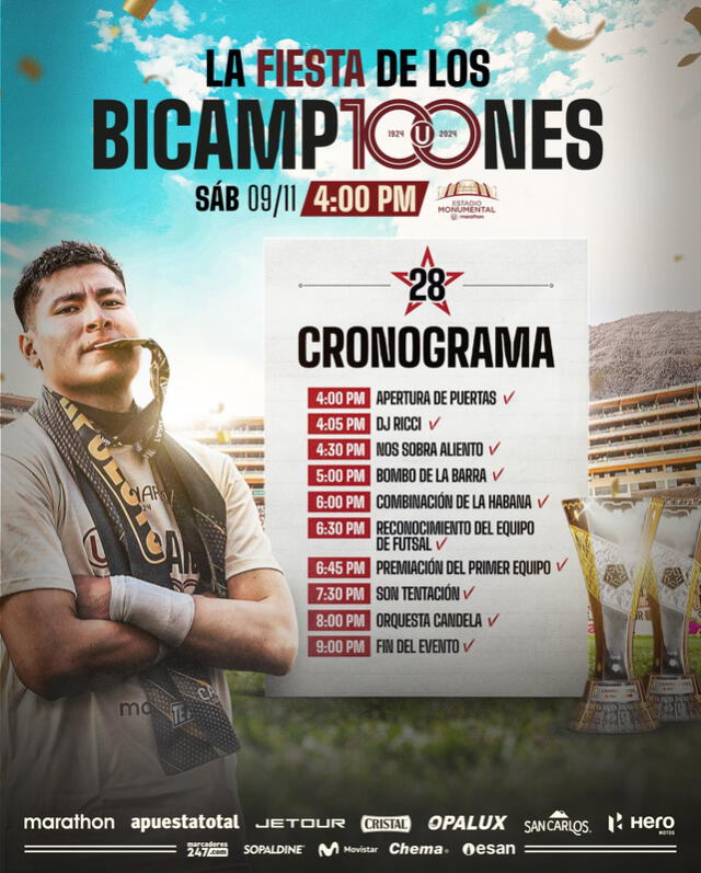  Cronograma de 'La fiesta de los Bicamp100nes'. Foto: Universitario/X   