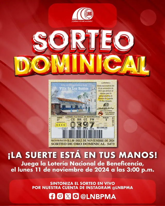 El Sorteo Dominical 5473 se llevará a cabo este lunes 11 de noviembre. Foto: LNB Panamá/Instagram El Sorteo Dominical 5473 se llevará a cabo este lunes 11 de noviembre. Foto: LNB Panamá/Instagram