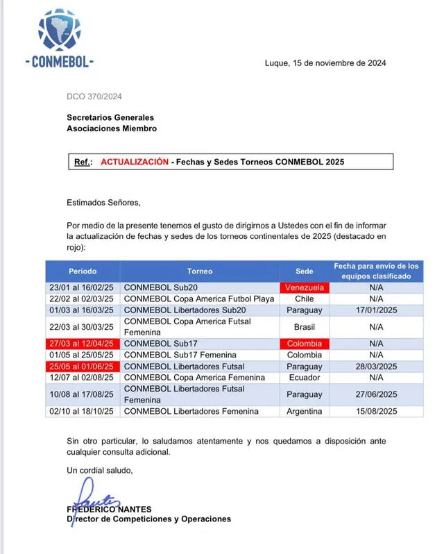 Comunicado de Conmebol. Foto: difusión   