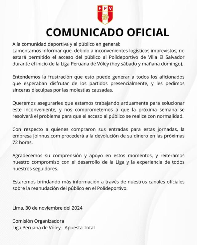  Comunicado oficial de la Liga Peruana de Vóley. Foto: LNSV 2024   