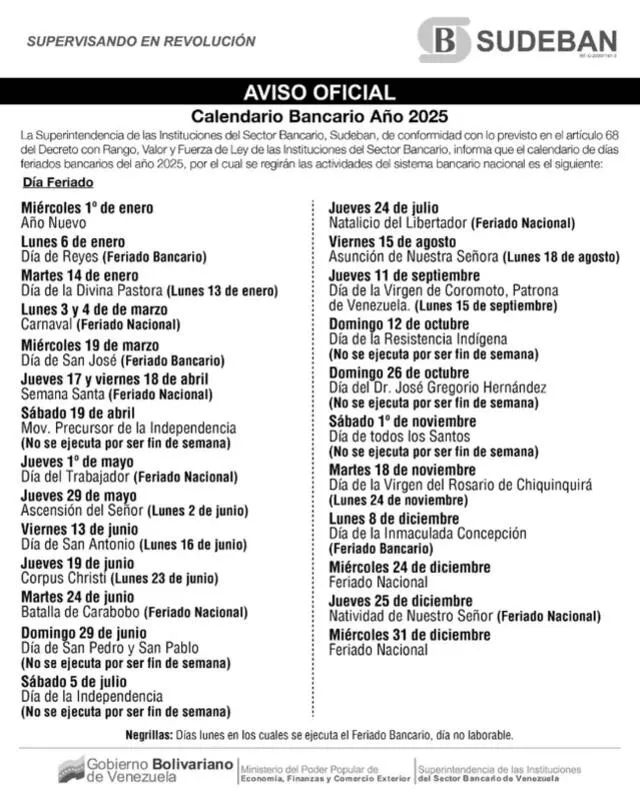 Calendario completo del 2025. Foto: Sudeban   