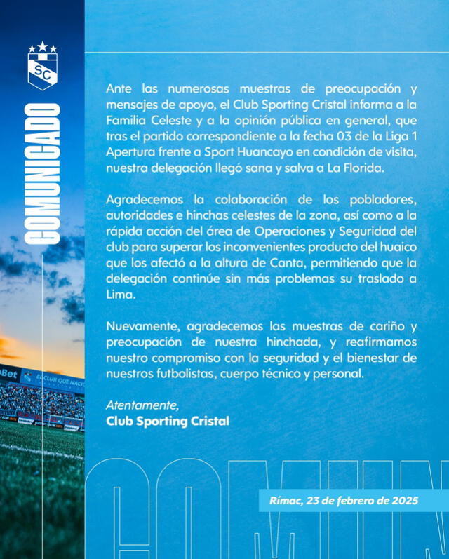 Comunicado de Sporting Cristal. Foto: Sporting Cristal/X 