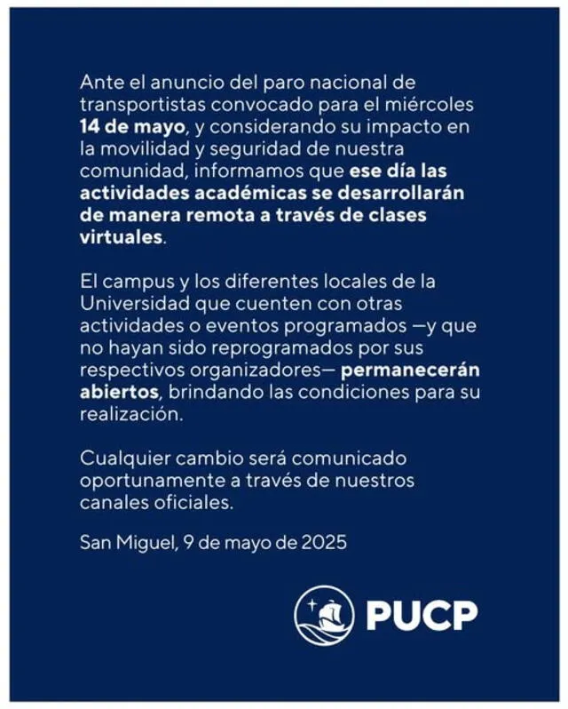 Comunicado de la PUCP sobre el anuncio del paro de transportistas. Foto: FB Comunicado de la PUCP sobre el anuncio del paro de transportistas. Foto: FB