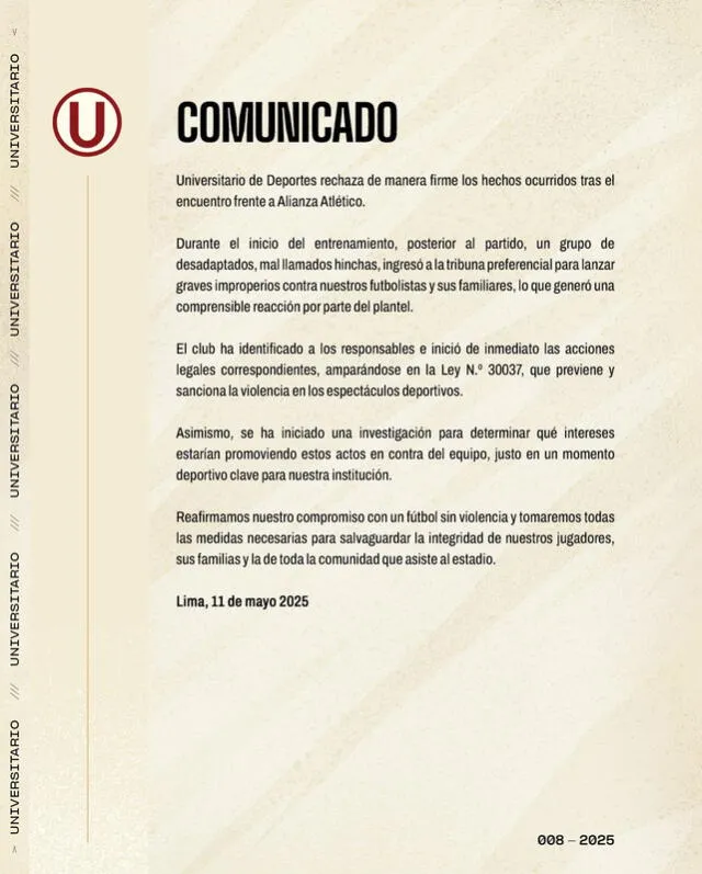 Comunicado de Universitario de Deportes. Foto: Universitario Comunicado de Universitario de Deportes. Foto: Universitario
