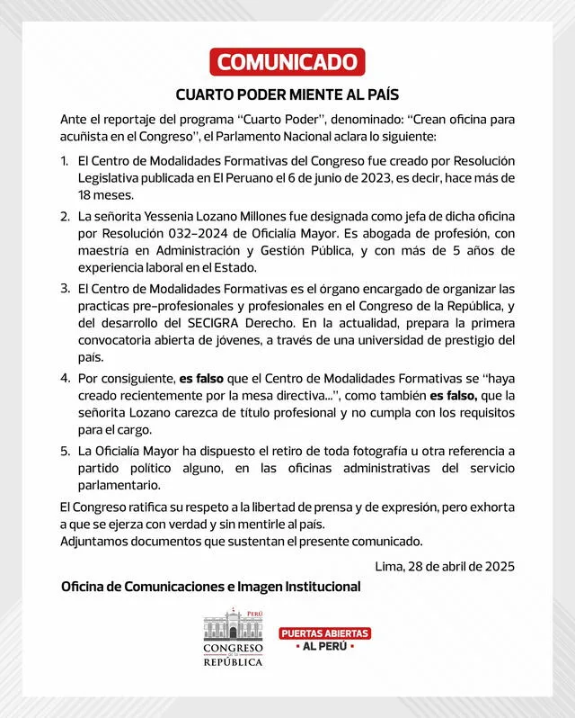 Comunicado del Congreso publicado en Abril sobre la situación de Yessenia Lozano | Fuente: Congreso