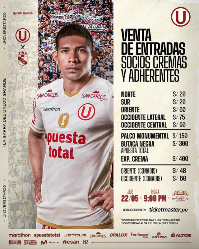 Entradas Universitario vs Sporting Cristal. Foto: Universitario Entradas Universitario vs Sporting Cristal. Foto: Universitario