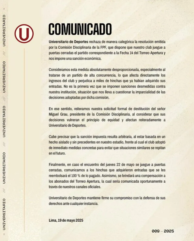 Comunicado del cuadro merengue. Foto: Universitario Comunicado del cuadro merengue. Foto: Universitario