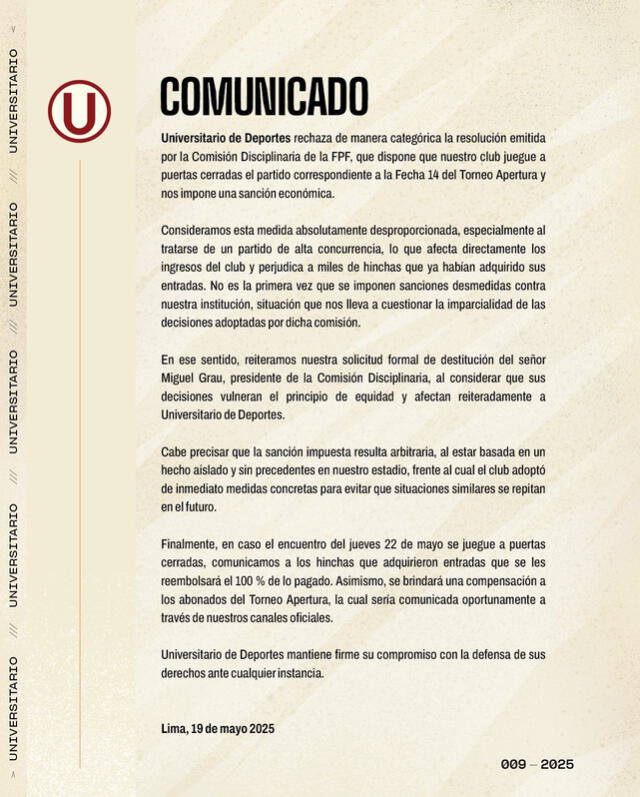  Comunicado de Universitario donde rechaza la sanción al Estadio Monumental. Foto: Universitario   
