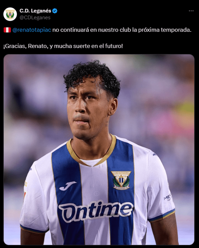 Leganés se despide de Renato Tapia. Foto: captura de pantalla de X Leganés se despide de Renato Tapia. Foto: captura de pantalla de X
