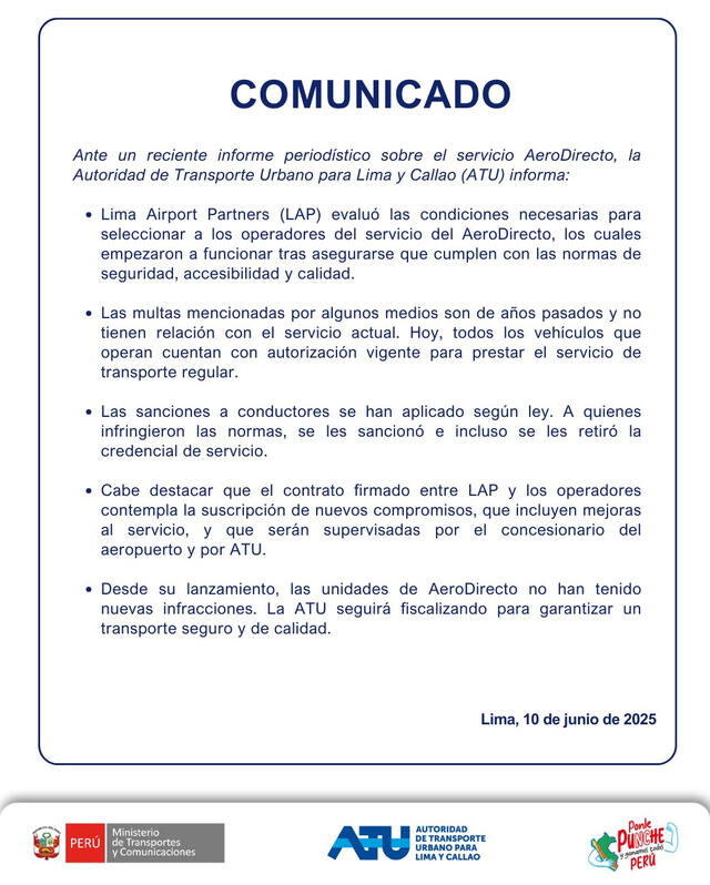 ATU emite comunicado sobre AeroDirecto. Foto: ATU ATU emite comunicado sobre AeroDirecto. Foto: ATU