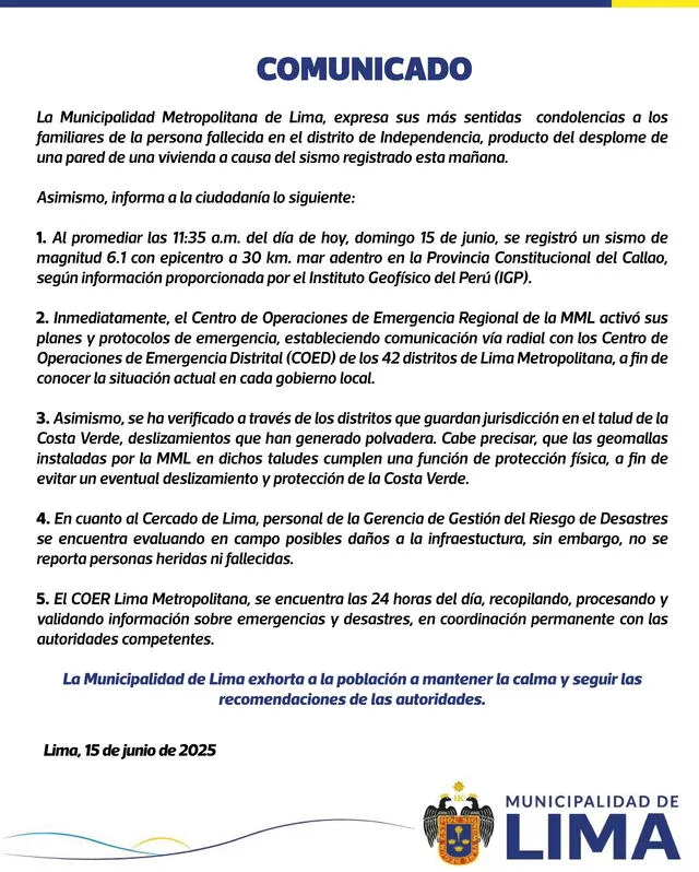 Municipalidad de Lima se pronuncia tras fallecimiento de persona en Independencia. Foto: Municipalidad de Lima Municipalidad de Lima se pronuncia tras fallecimiento de persona en Independencia. Foto: Municipalidad de Lima