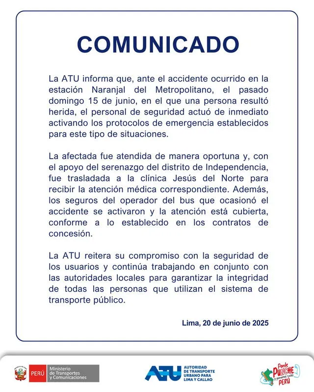 Comunicado de ATU tras el incidente. Comunicado de ATU tras el incidente.