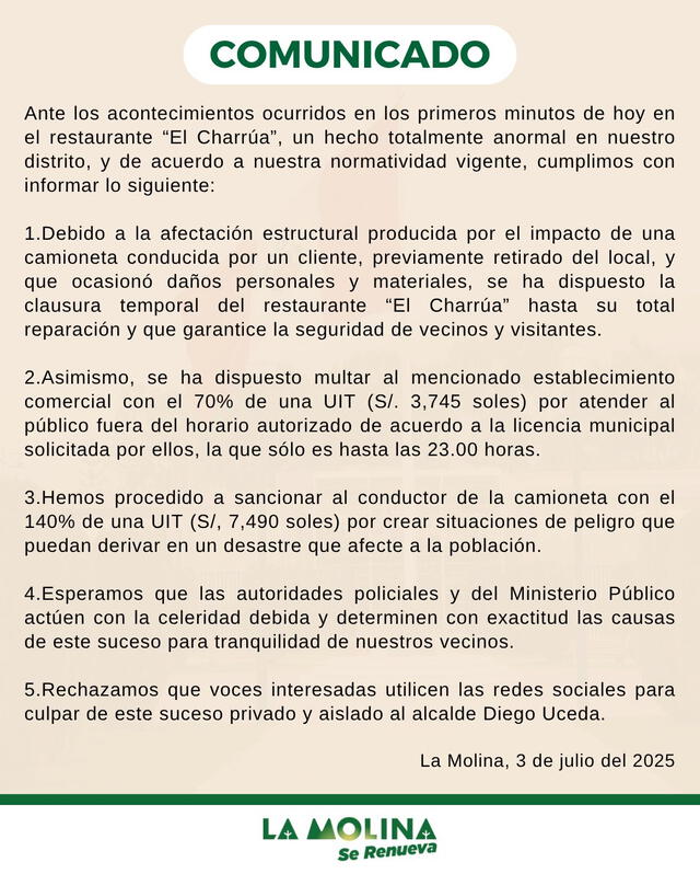 Comunicado de la Municipalidad de La Molina sobre accidente en 'El Charrúa'. Foto: Molina.   