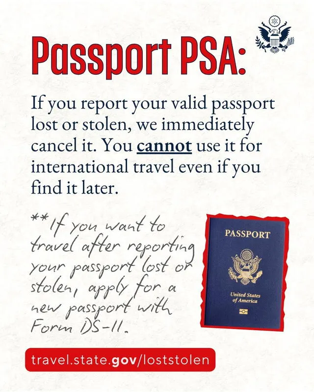 La agencia federal recomienda solicitar un nuevo pasaporte por pérdida o robo a través del formulario DS-11. Foto: State Detp   