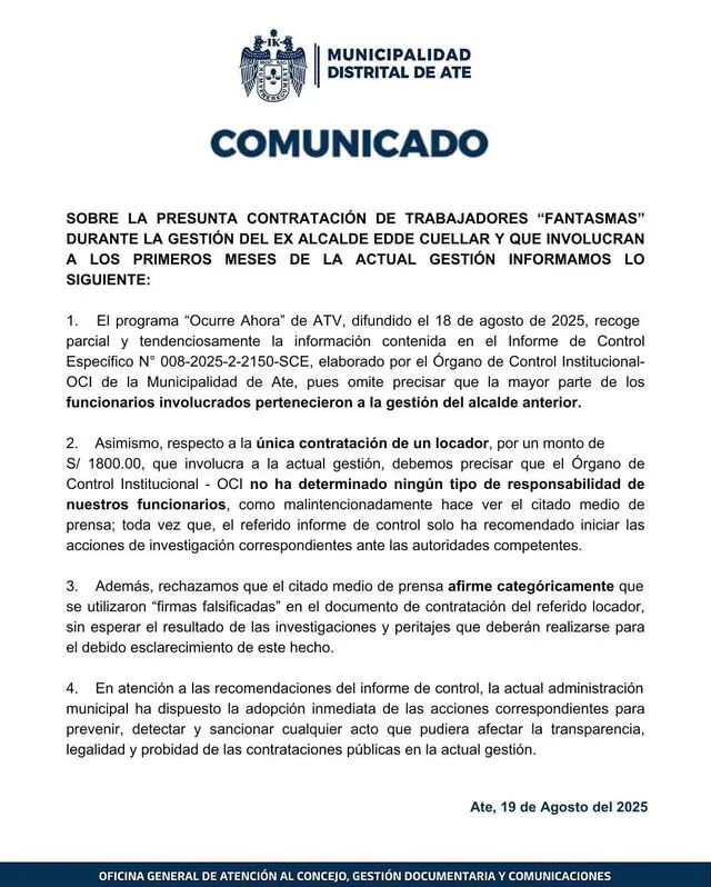 Comunicado de la Municipalidad de Ate   
