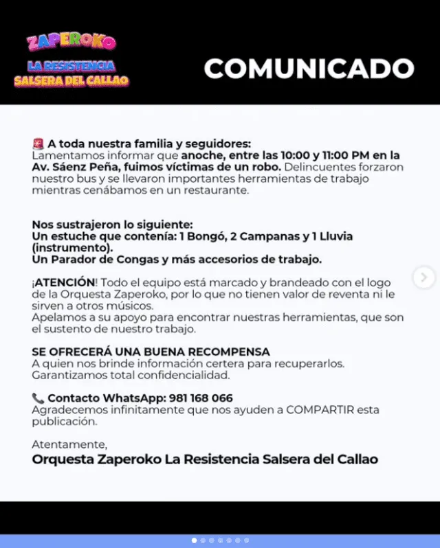 Comunicado de Zaperoko. Foto: Instagram Comunicado de Zaperoko. Foto: Instagram