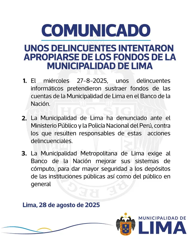 Comunicado de la Municipalidad de Lima tras el intento de robo. Foto: X   