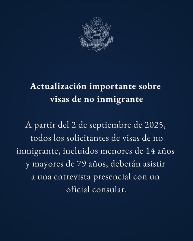 La Embajada de Estados Unidos en Perú anunció nueva medida desde el 2 de septiembre.   