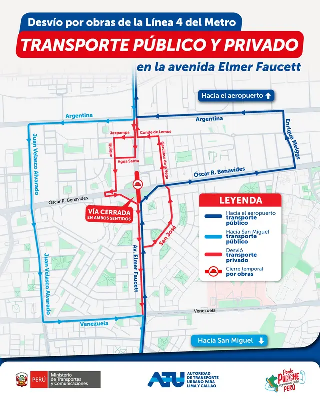 Rutas alternas y modificaciones en el tránsito por obras de la Línea 4 del Metro de Lima y Callao. Foto: ATU   