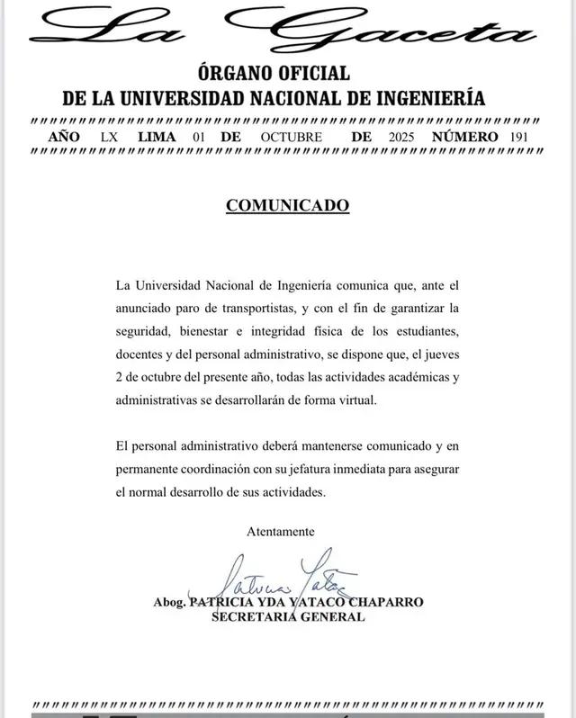 Comunicado de la Universidad Nacional de Ingeniería (UNI) Comunicado de la Universidad Nacional de Ingeniería (UNI)