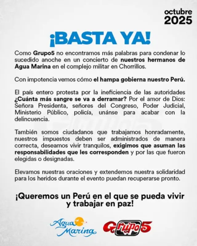 A través de sus redes sociales, Grupo 5 publicó un comunicado sobre el ataque a Agua Marina. A través de sus redes sociales, Grupo 5 publicó un comunicado sobre el ataque a Agua Marina.