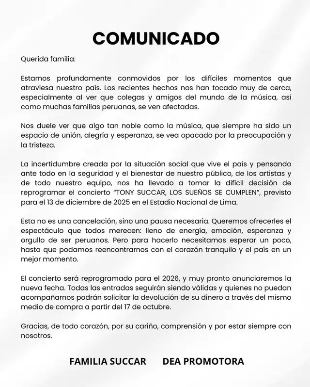 Comunicado de la Familia Succar y DEA Promotora. Foto: Instagram   