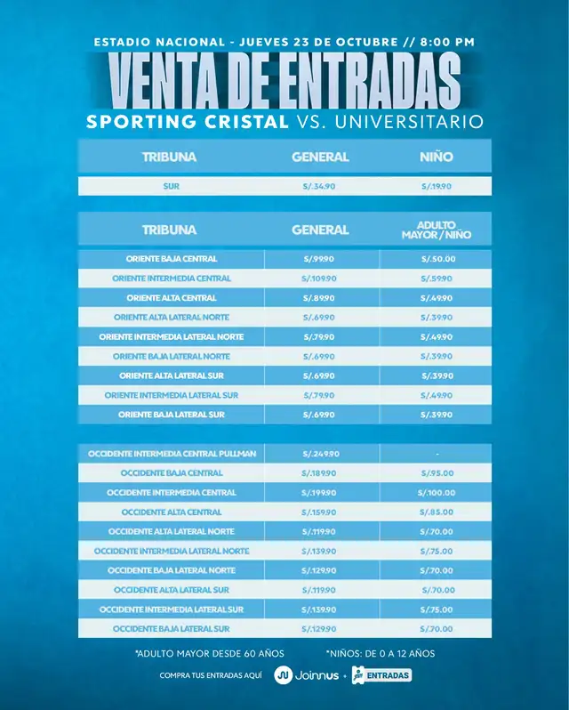 Precio de las entradas para el partido contra Universitario. Foto: Sporting Cristal Precio de las entradas para el partido contra Universitario. Foto: Sporting Cristal