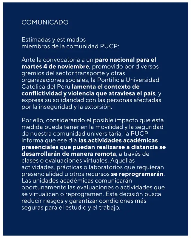 PUCP comunicado. Foto: PUCP PUCP comunicado. Foto: PUCP