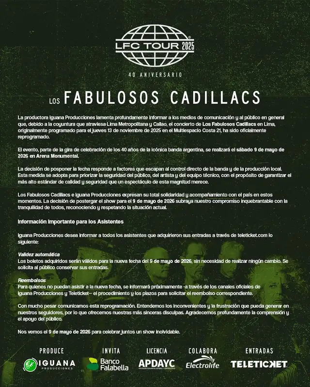 En su comunicado, Iguana Producciones garantizó la seguridad y calidad del evento y ofrecerá detalles sobre el reembolso a quienes no puedan asistir. Foto: difusión En su comunicado, Iguana Producciones garantizó la seguridad y calidad del evento y ofrecerá detalles sobre el reembolso a quienes no puedan asistir. Foto: difusión